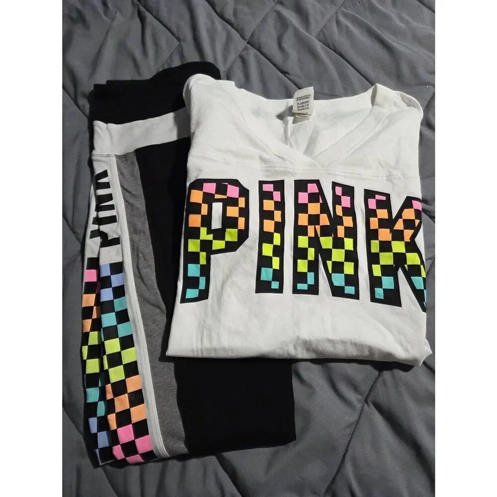 Victoria's Secret Pink Plaid Pastel Racing Leggings & Campus Tee Set M/L